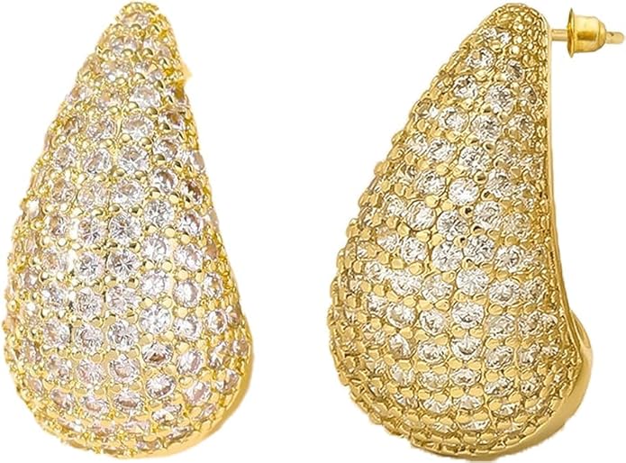 Gold Crystal Chunky Hoop Earrings - Sparkly Rhinestone Teardrop Design with 925 Sterling Silver Posts - Trendy Jewelry for Women, Perfect for Special Occasions (1pair)