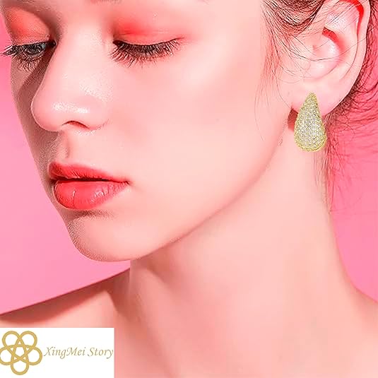Gold Crystal Chunky Hoop Earrings - Sparkly Rhinestone Teardrop Design with 925 Sterling Silver Posts - Trendy Jewelry for Women, Perfect for Special Occasions (1pair)