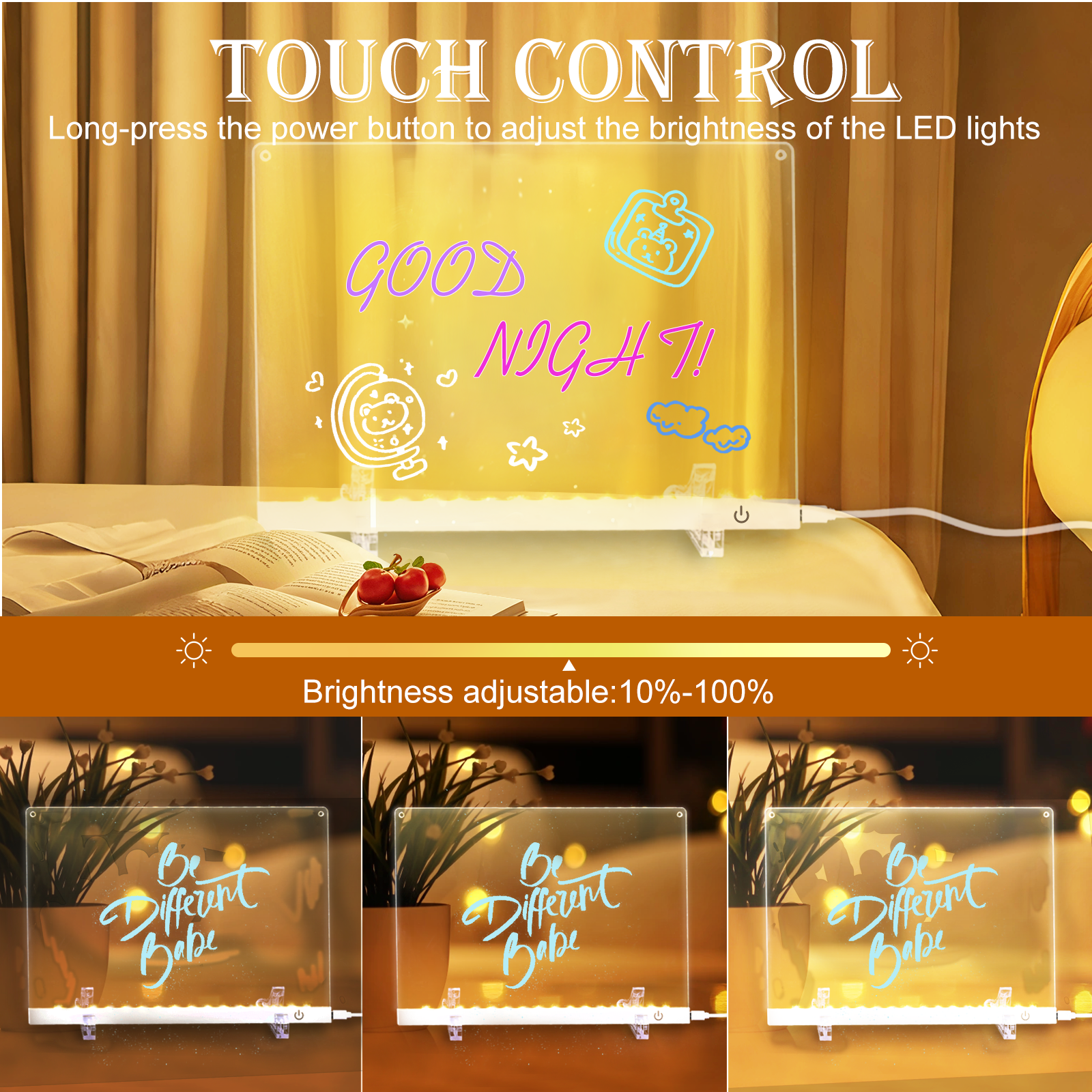 Acrylic Dry Erase Board with LED Light -11.8"x8.5" Clear Glowing Memo,Brightness Level Adjustment,12 Color Markers, Ideal for Office/Home/Kids, Writable Night Light & Desktop Charm (White)