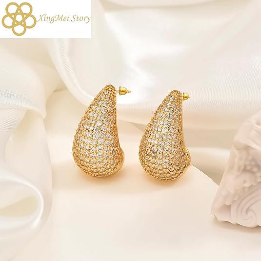 Gold Crystal Chunky Hoop Earrings - Sparkly Rhinestone Teardrop Design with 925 Sterling Silver Posts - Trendy Jewelry for Women, Perfect for Special Occasions (1pair)