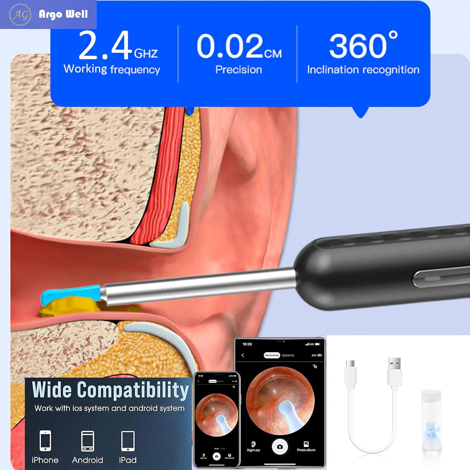 Ear Wax Removal Kit with 1080P Camera - 360° HD Ear Cleaner for iOS/Android, 6 LED Lights, Soft Silicone Picks, IP67 Waterproof, Rechargeable, WiFi-Enabled Ear Care Set with 8 Tools