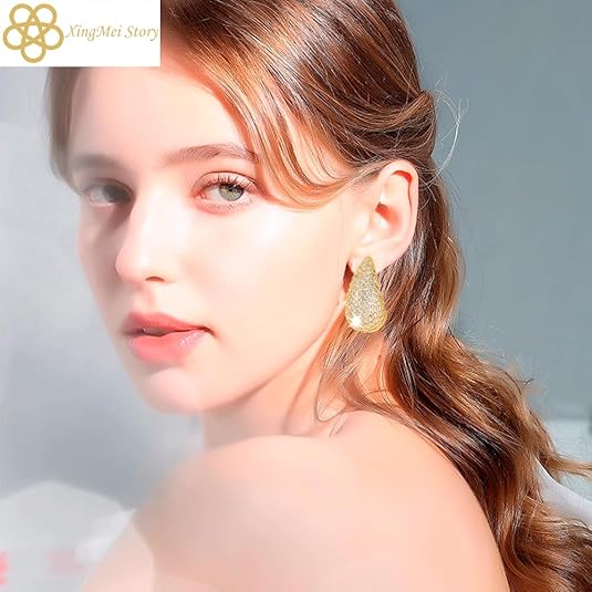 Gold Crystal Chunky Hoop Earrings - Sparkly Rhinestone Teardrop Design with 925 Sterling Silver Posts - Trendy Jewelry for Women, Perfect for Special Occasions (1pair)