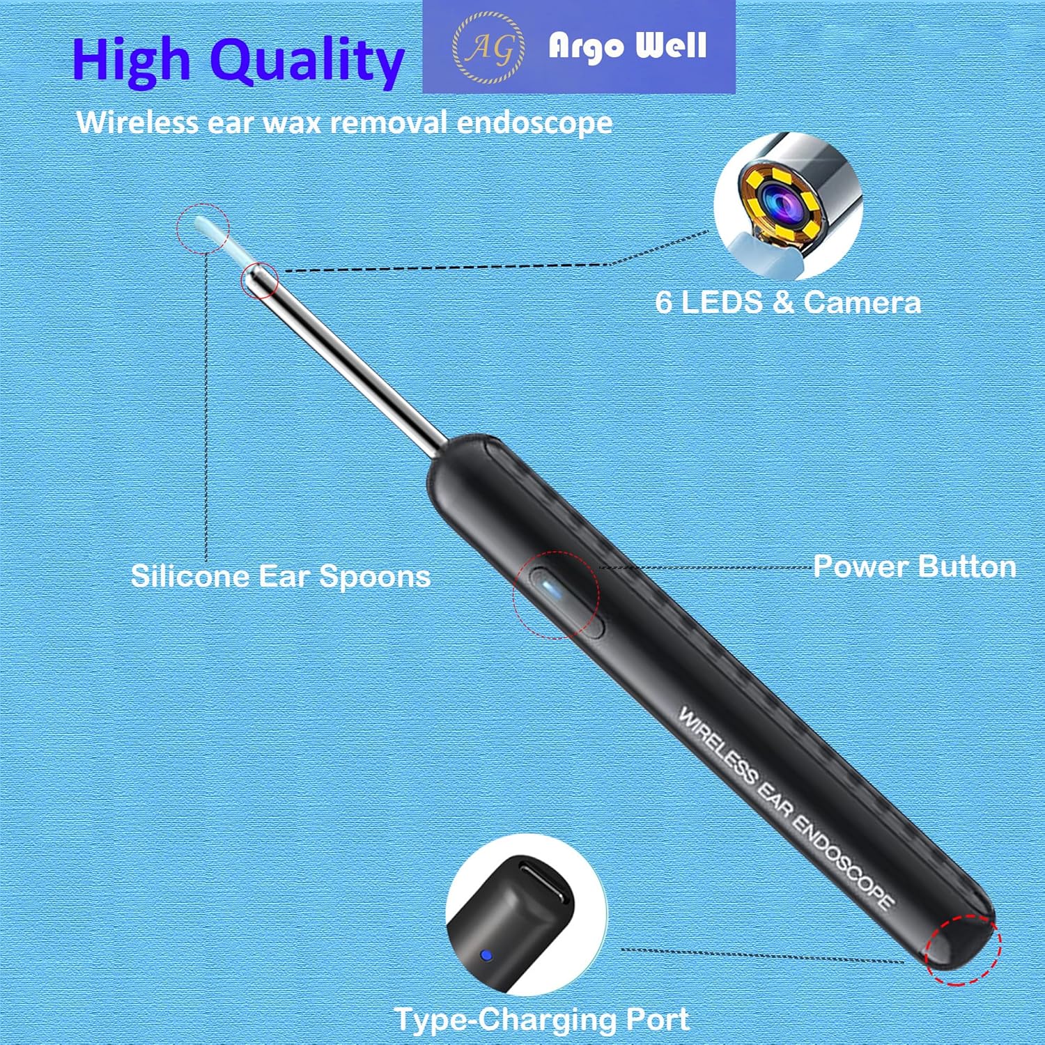 Ear Wax Removal Kit with 1080P Camera - 360° HD Ear Cleaner for iOS/Android, 6 LED Lights, Soft Silicone Picks, IP67 Waterproof, Rechargeable, WiFi-Enabled Ear Care Set with 8 Tools