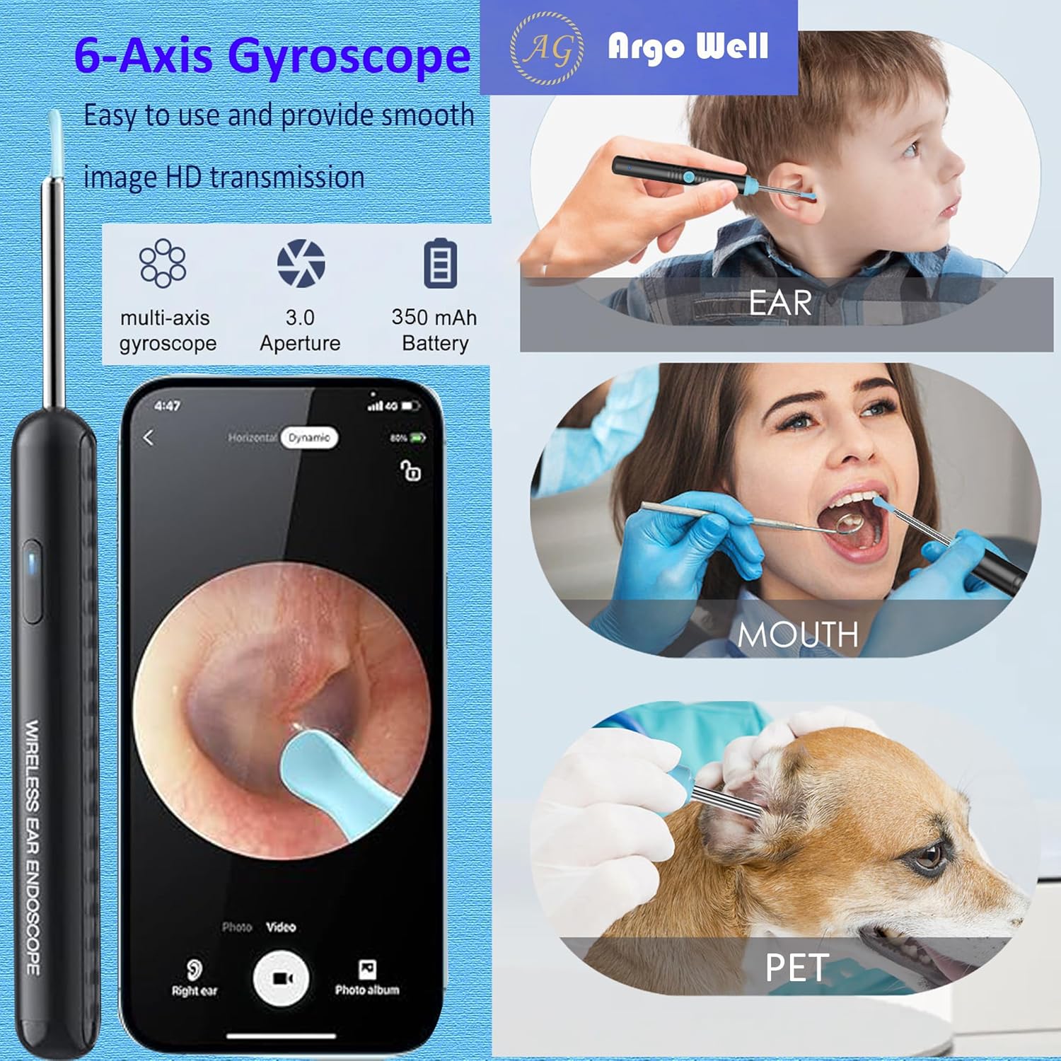 Ear Wax Removal Kit with 1080P Camera - 360° HD Ear Cleaner for iOS/Android, 6 LED Lights, Soft Silicone Picks, IP67 Waterproof, Rechargeable, WiFi-Enabled Ear Care Set with 8 Tools