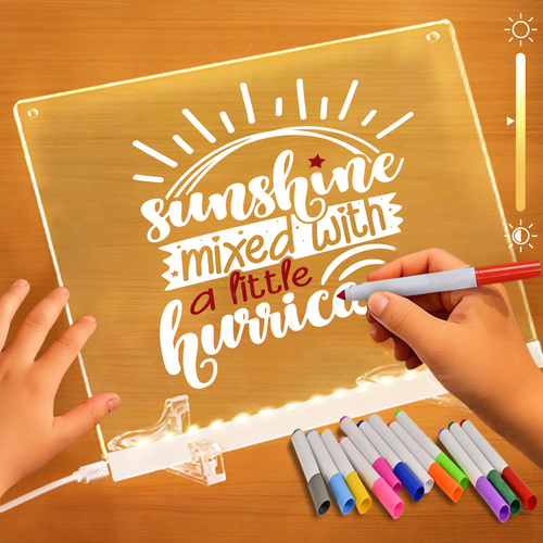 Acrylic Dry Erase Board with LED Light -11.8"x8.5" Clear Glowing Memo,Brightness Level Adjustment,12 Color Markers, Ideal for Office/Home/Kids, Writable Night Light & Desktop Charm (White)