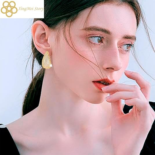 Gold Crystal Chunky Hoop Earrings - Sparkly Rhinestone Teardrop Design with 925 Sterling Silver Posts - Trendy Jewelry for Women, Perfect for Special Occasions (1pair)