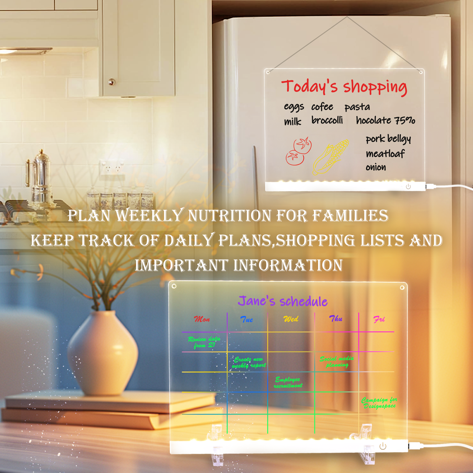 Acrylic Dry Erase Board with LED Light -11.8"x8.5" Clear Glowing Memo,Brightness Level Adjustment,12 Color Markers, Ideal for Office/Home/Kids, Writable Night Light & Desktop Charm (White)